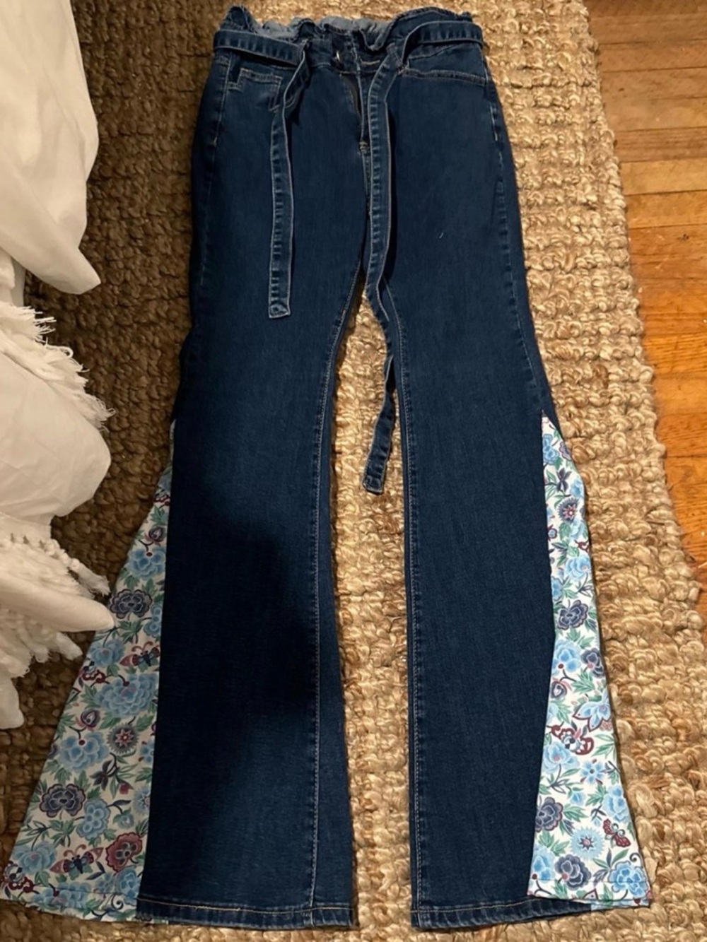 Women’s Dark Blue Denim Jeans with Floral Panel Side Inserts